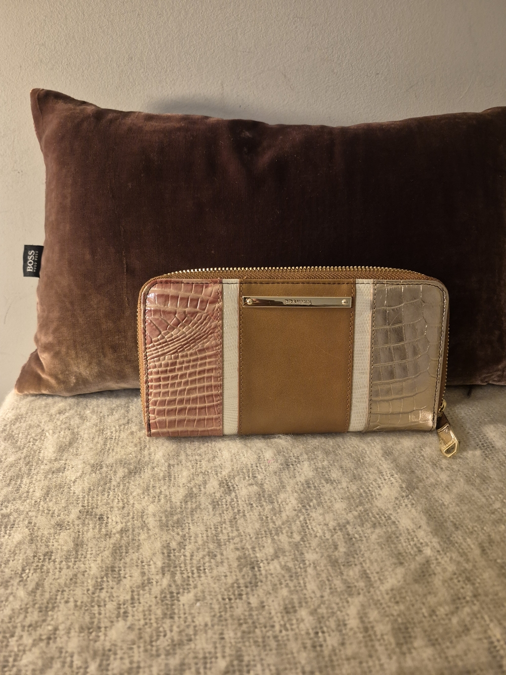 Brahmin Tricolor Croc-Embossed Leather Zip Wallet in Brown, Burnt Orange & Cream